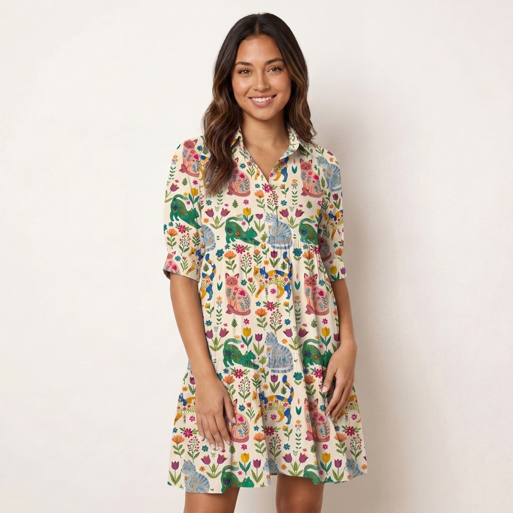 V Neck Collared Cute Flower Cat Mini Dress For Women With Pockets